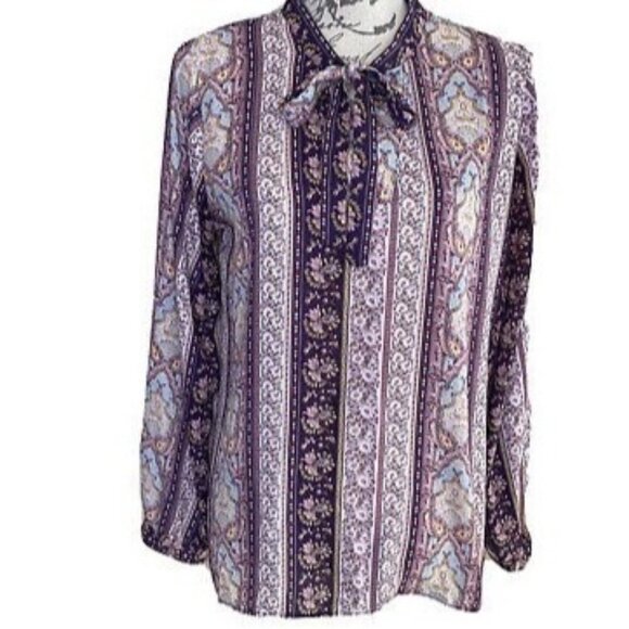 Violet & Claire XL Tie-Neck Boho Floral Paisley Blouse Long Sleeve Lightweight - Picture 1 of 13
